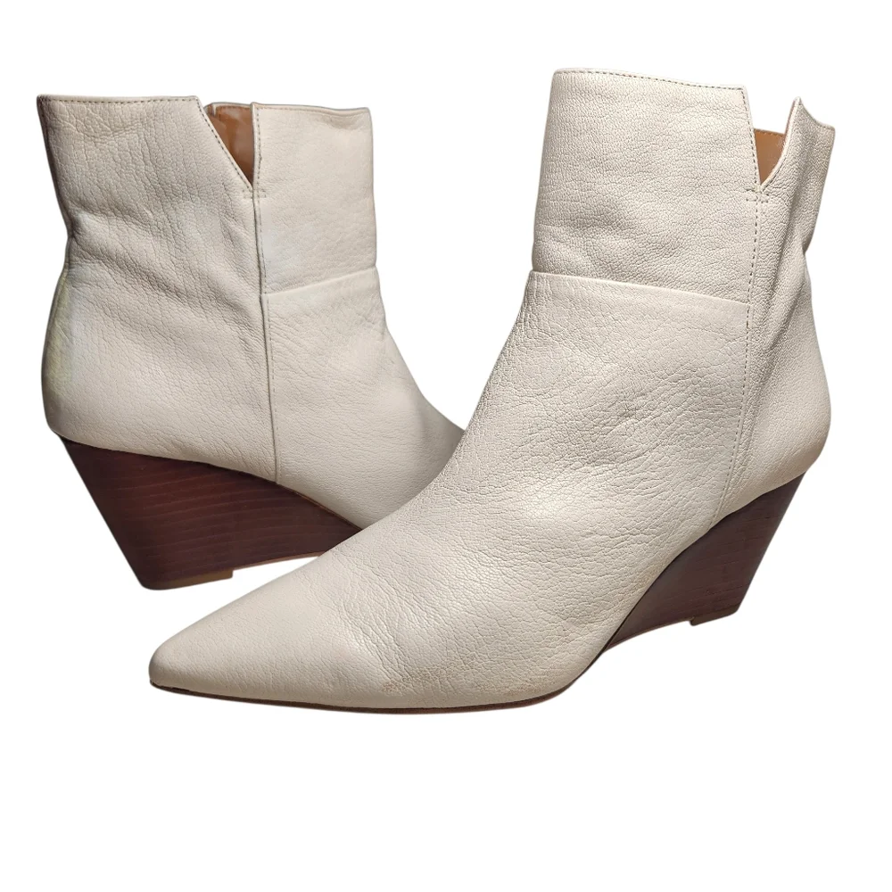 FRANCO SARTO Amsterdam Ivory Leather Ankle Wedge Booties Mod White Luxury‎ 8.5